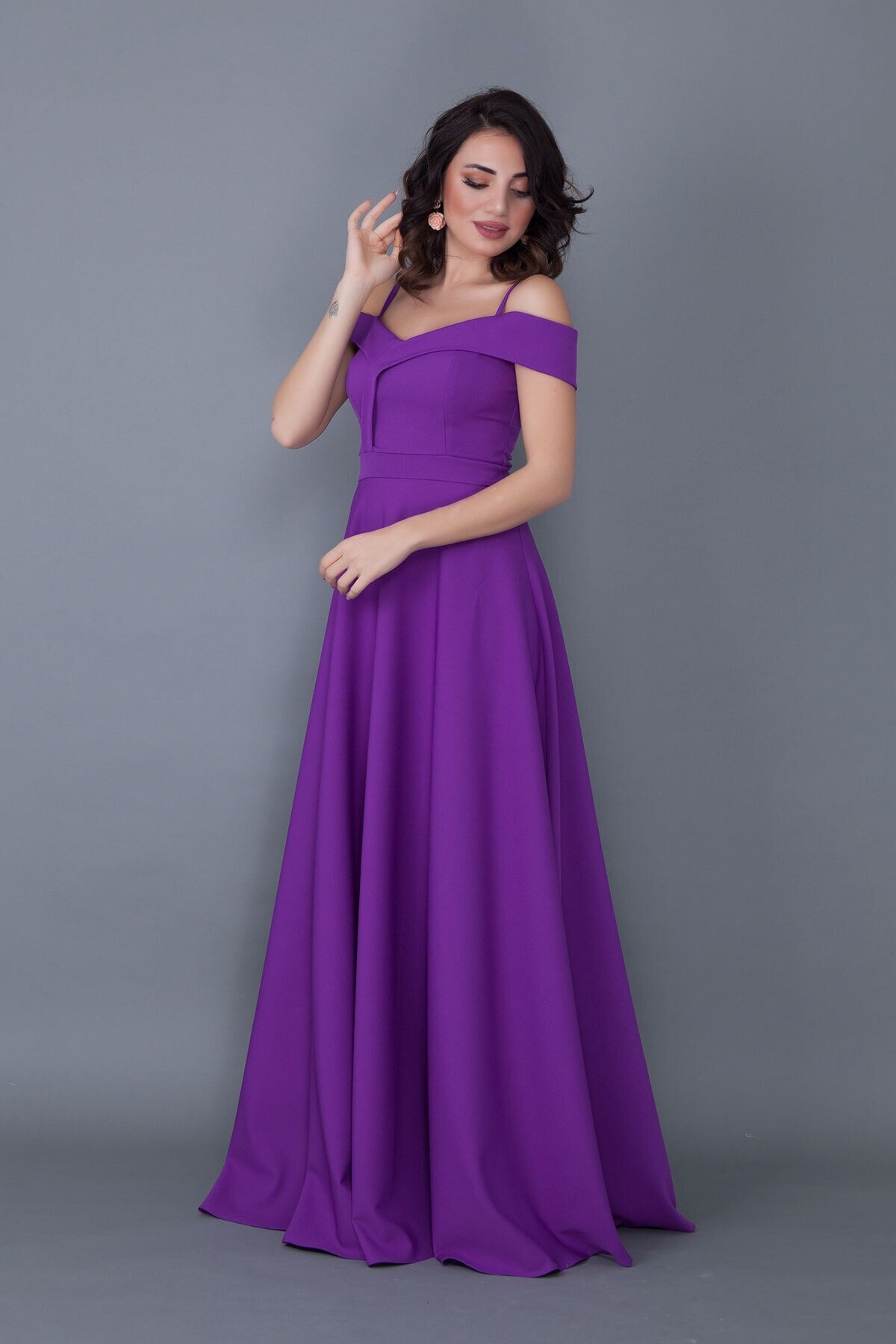 Long Flared Strappy Off-Shoulder Engagement Evening Dress - Purple - Bidoluelbise