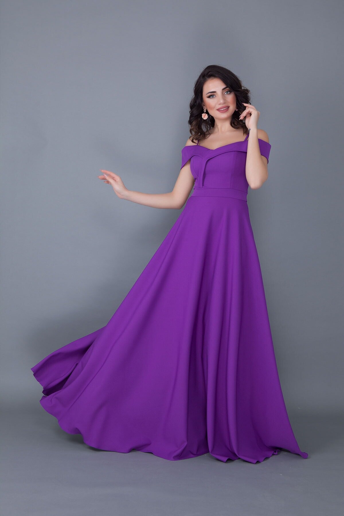 Long Flared Strappy Off-Shoulder Engagement Evening Dress - Purple - Bidoluelbise