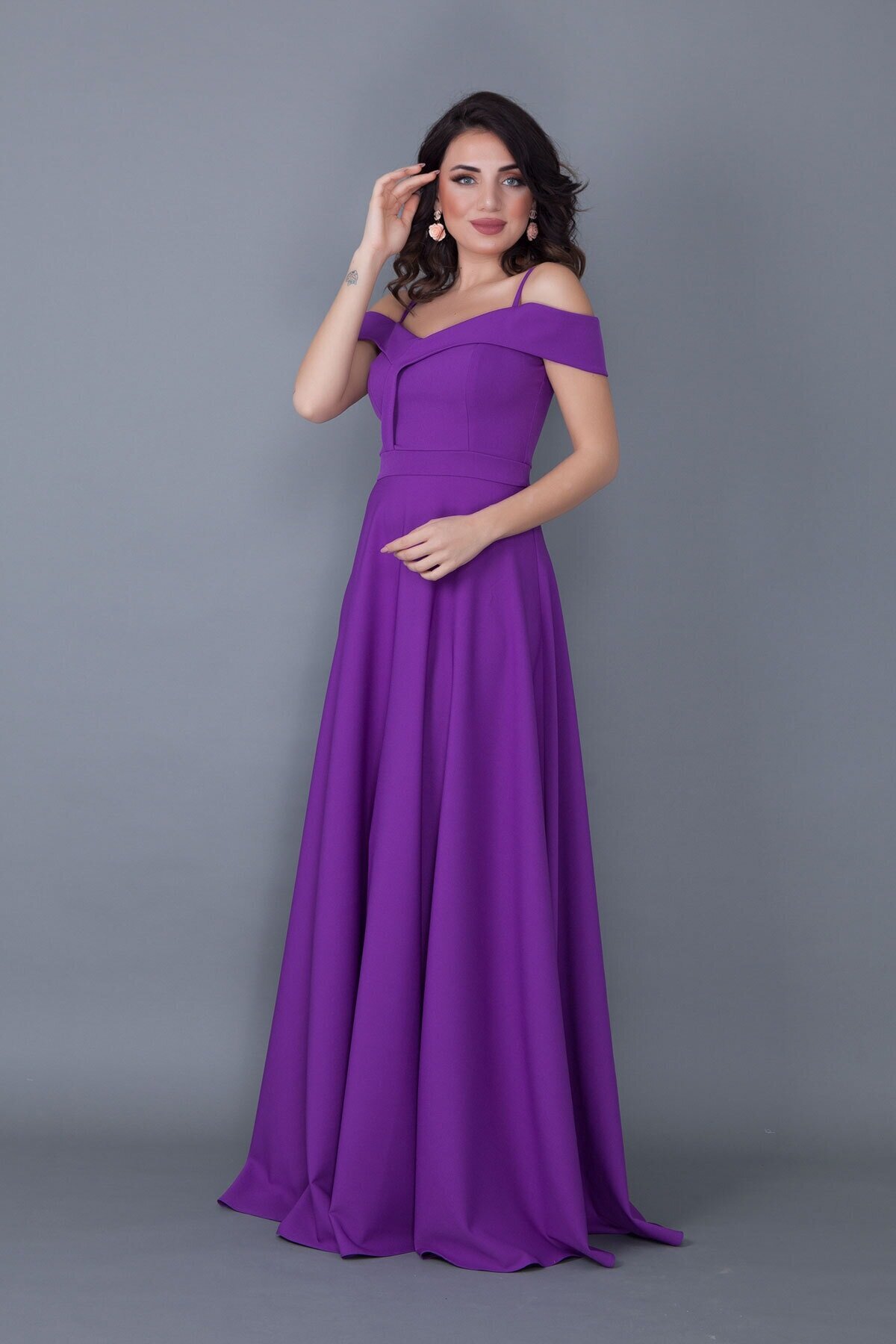 Long Flared Strappy Off-Shoulder Engagement Evening Dress - Purple - Bidoluelbise