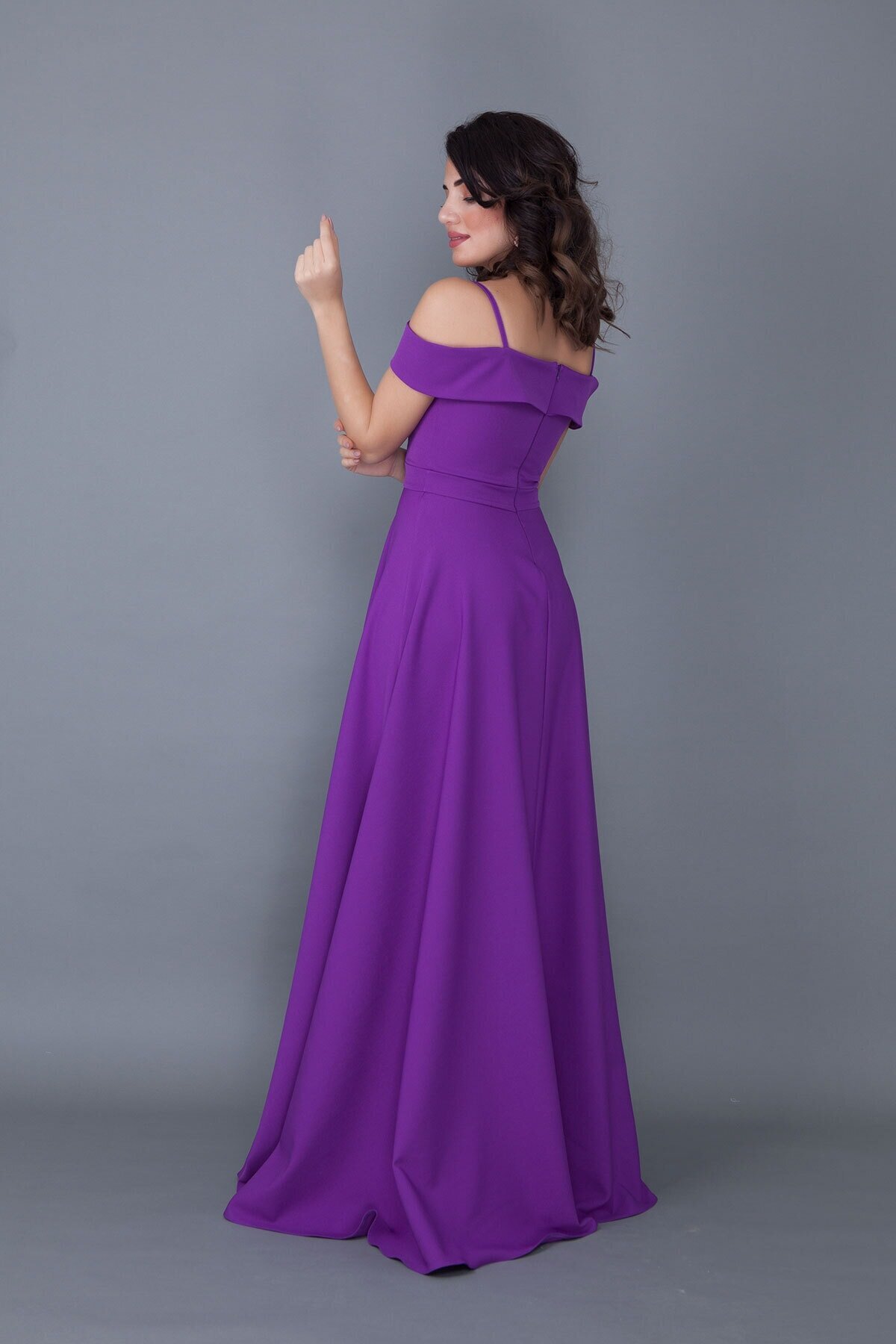 Long Flared Strappy Off-Shoulder Engagement Evening Dress - Purple - Bidoluelbise