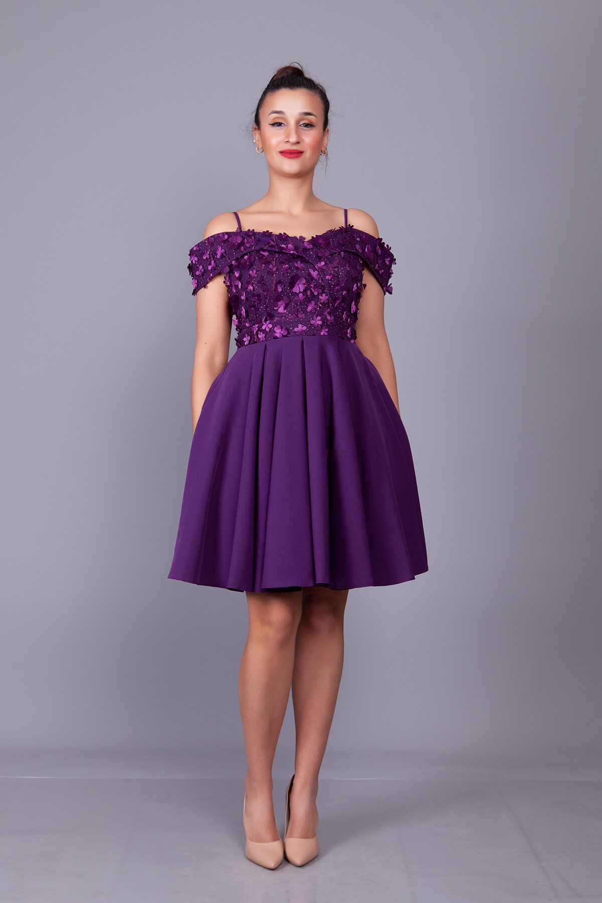 Mini Flared Strappy Floral Tulle-Detail Off-Shoulder Evening Dress - Plum - Bidoluelbise