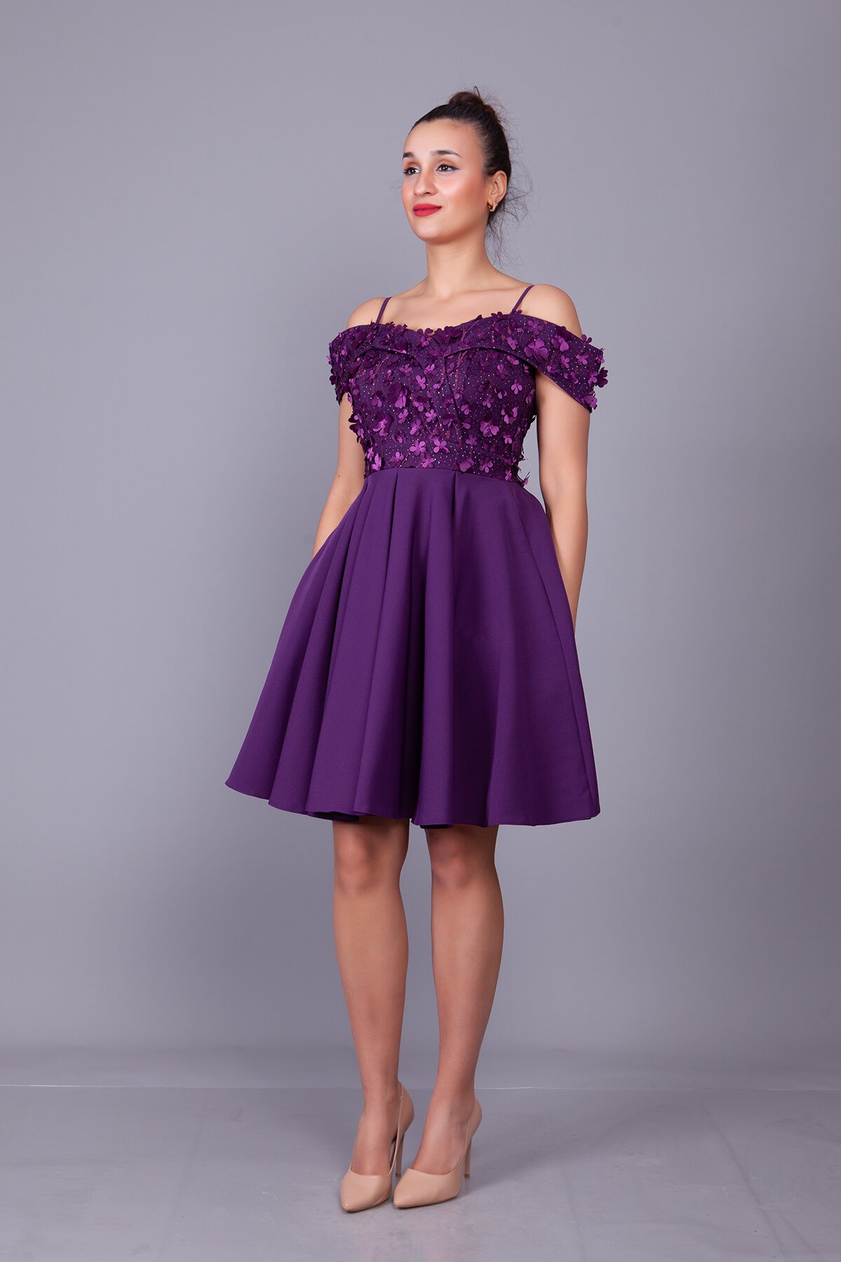 Mini Flared Strappy Floral Tulle-Detail Off-Shoulder Evening Dress - Plum - Bidoluelbise