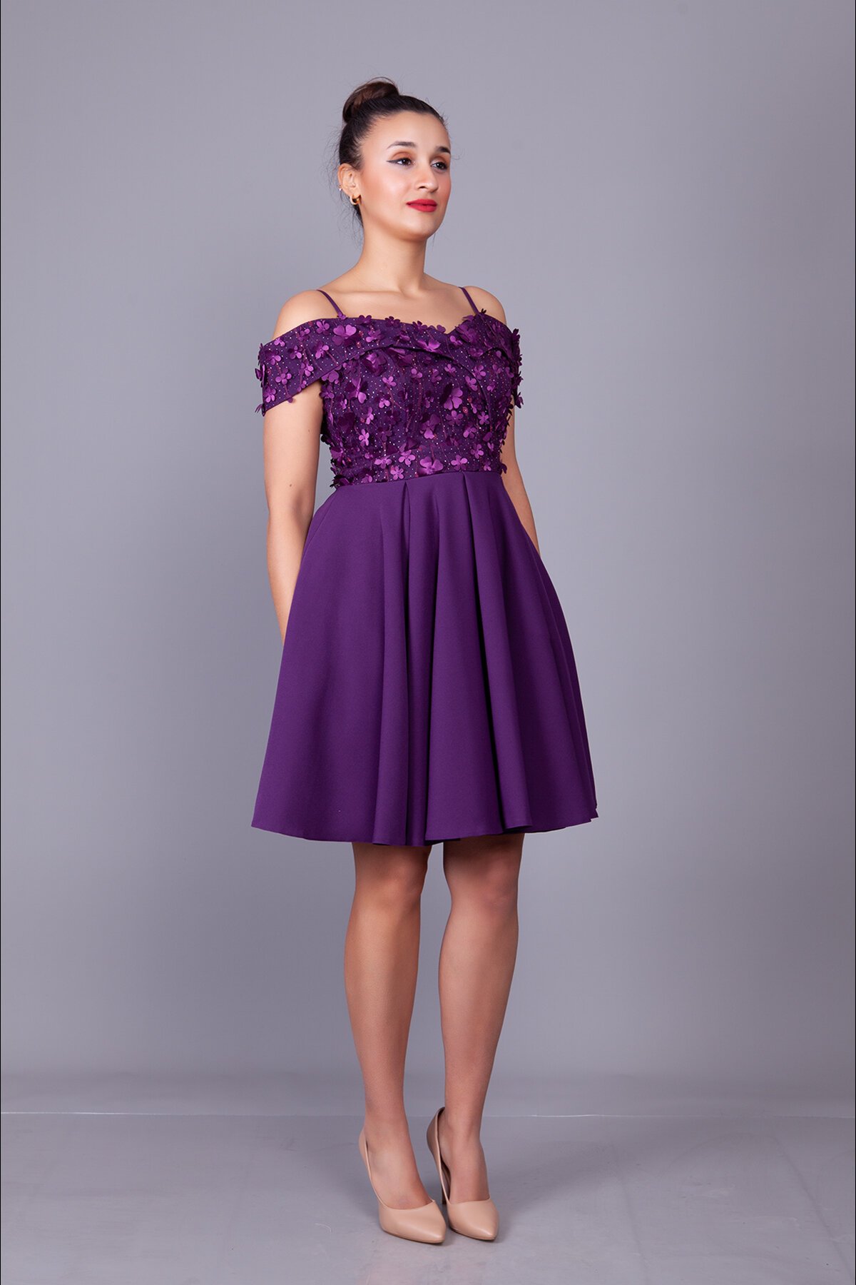 Mini Flared Strappy Floral Tulle-Detail Off-Shoulder Evening Dress - Plum - Bidoluelbise