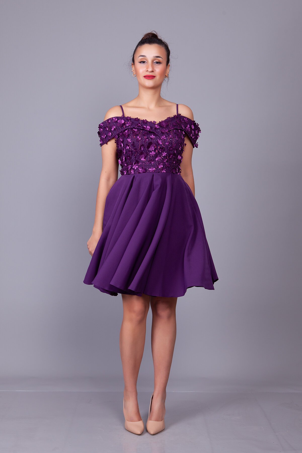 Mini Flared Strappy Floral Tulle-Detail Off-Shoulder Evening Dress - Plum - Bidoluelbise