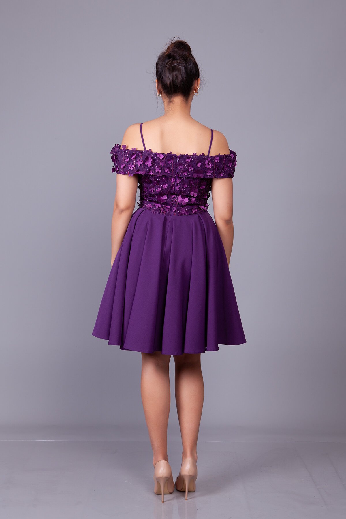Mini Flared Strappy Floral Tulle-Detail Off-Shoulder Evening Dress - Plum - Bidoluelbise