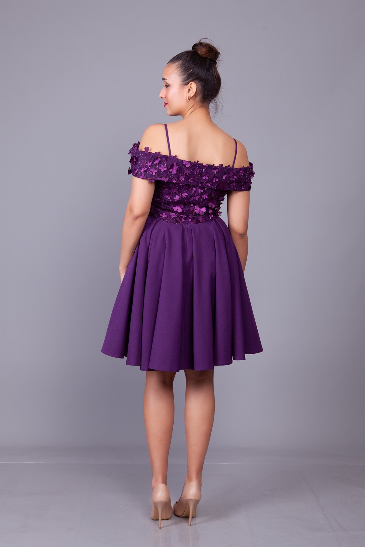 Mini Flared Strappy Floral Tulle-Detail Off-Shoulder Evening Dress - Plum - Bidoluelbise