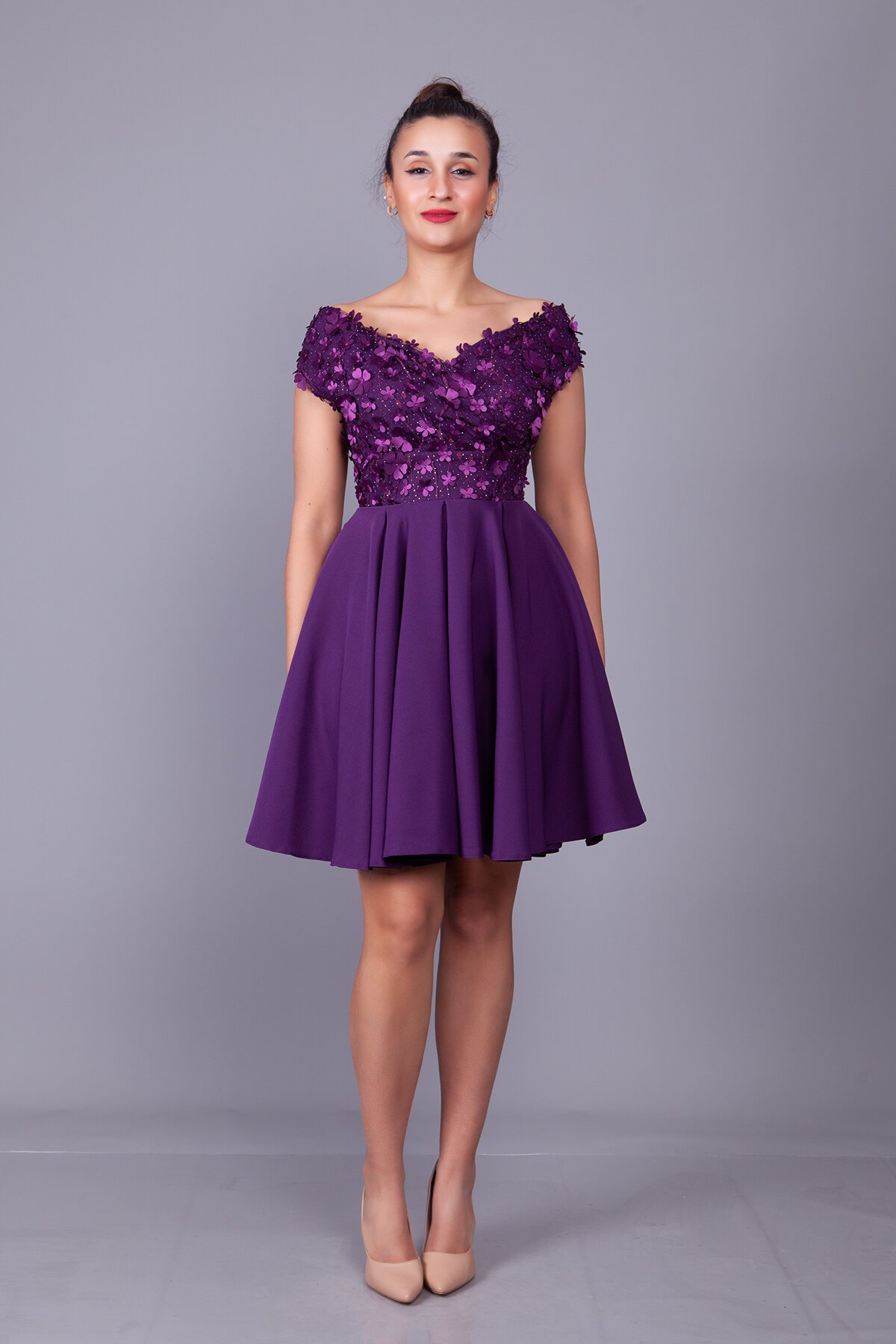 Mini Floral Tulle-Detail Boat-Neck Evening Dress - Plum - Bidoluelbise