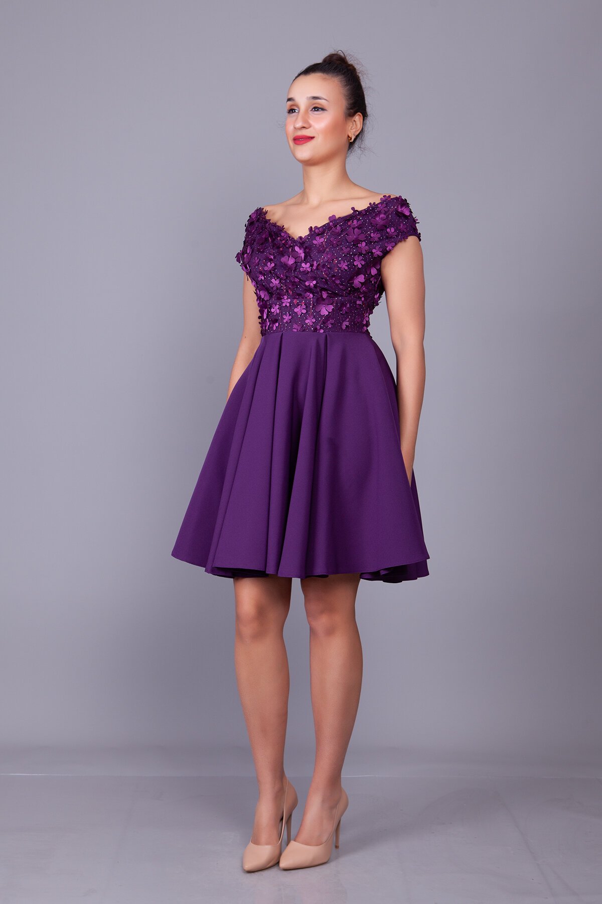 Mini Floral Tulle-Detail Boat-Neck Evening Dress - Plum - Bidoluelbise
