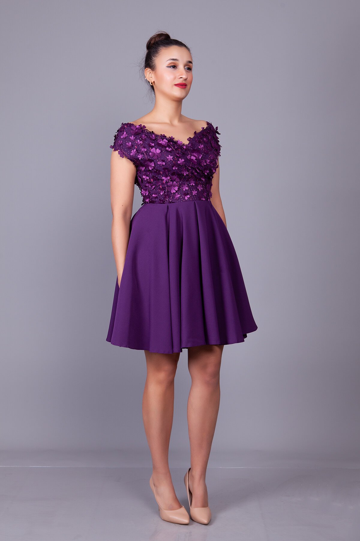 Mini Floral Tulle-Detail Boat-Neck Evening Dress - Plum - Bidoluelbise