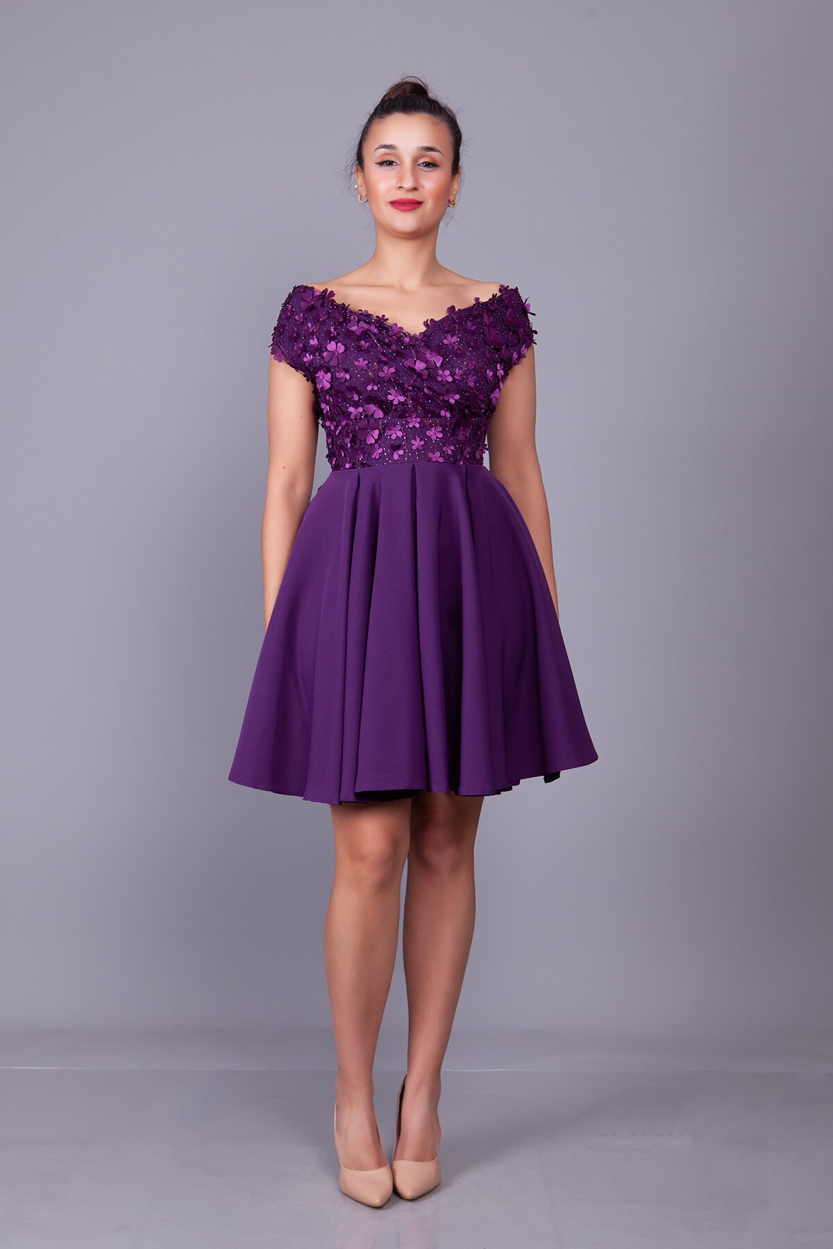 Mini Floral Tulle-Detail Boat-Neck Evening Dress - Plum - Bidoluelbise