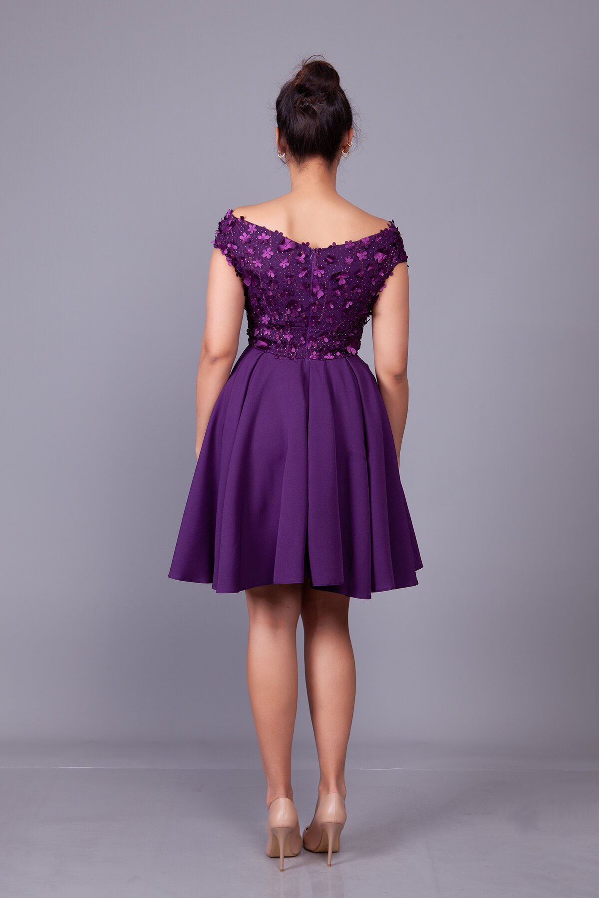 Mini Floral Tulle-Detail Boat-Neck Evening Dress - Plum - Bidoluelbise