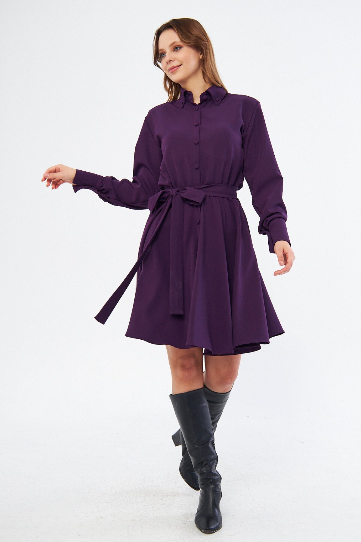 Mini Flowy Woven Long Sleeve Elastic Waist Belted Shirt Dress - Plum - Bidoluelbise