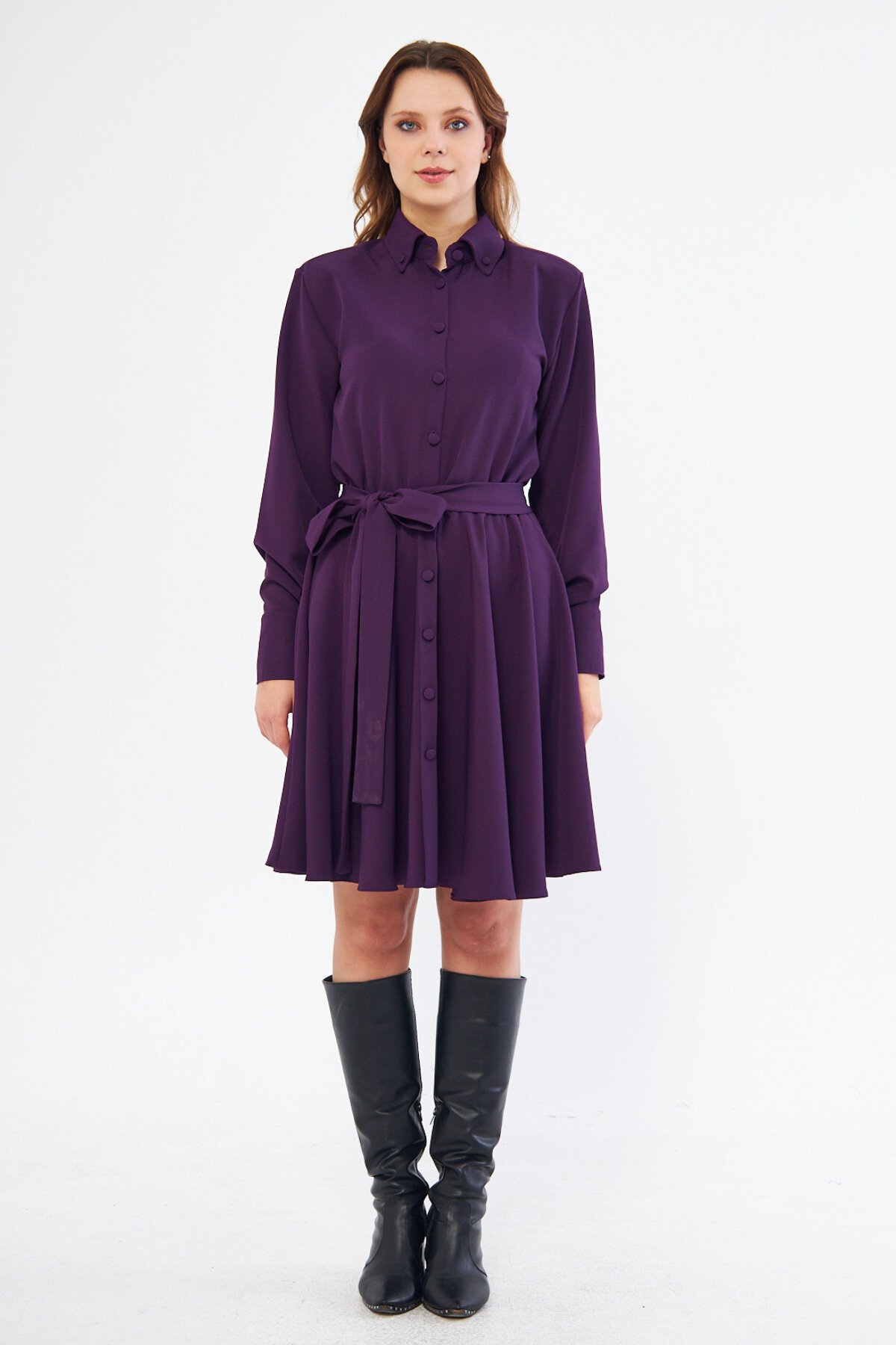Mini Flowy Woven Long Sleeve Elastic Waist Belted Shirt Dress - Plum - Bidoluelbise