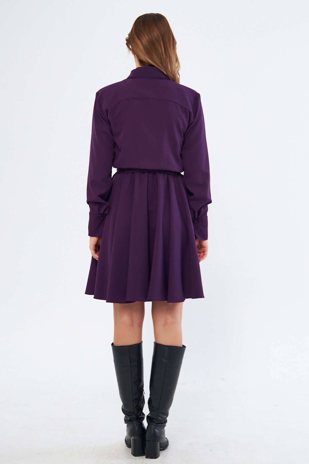 Mini Flowy Woven Long Sleeve Elastic Waist Belted Shirt Dress - Plum - Bidoluelbise
