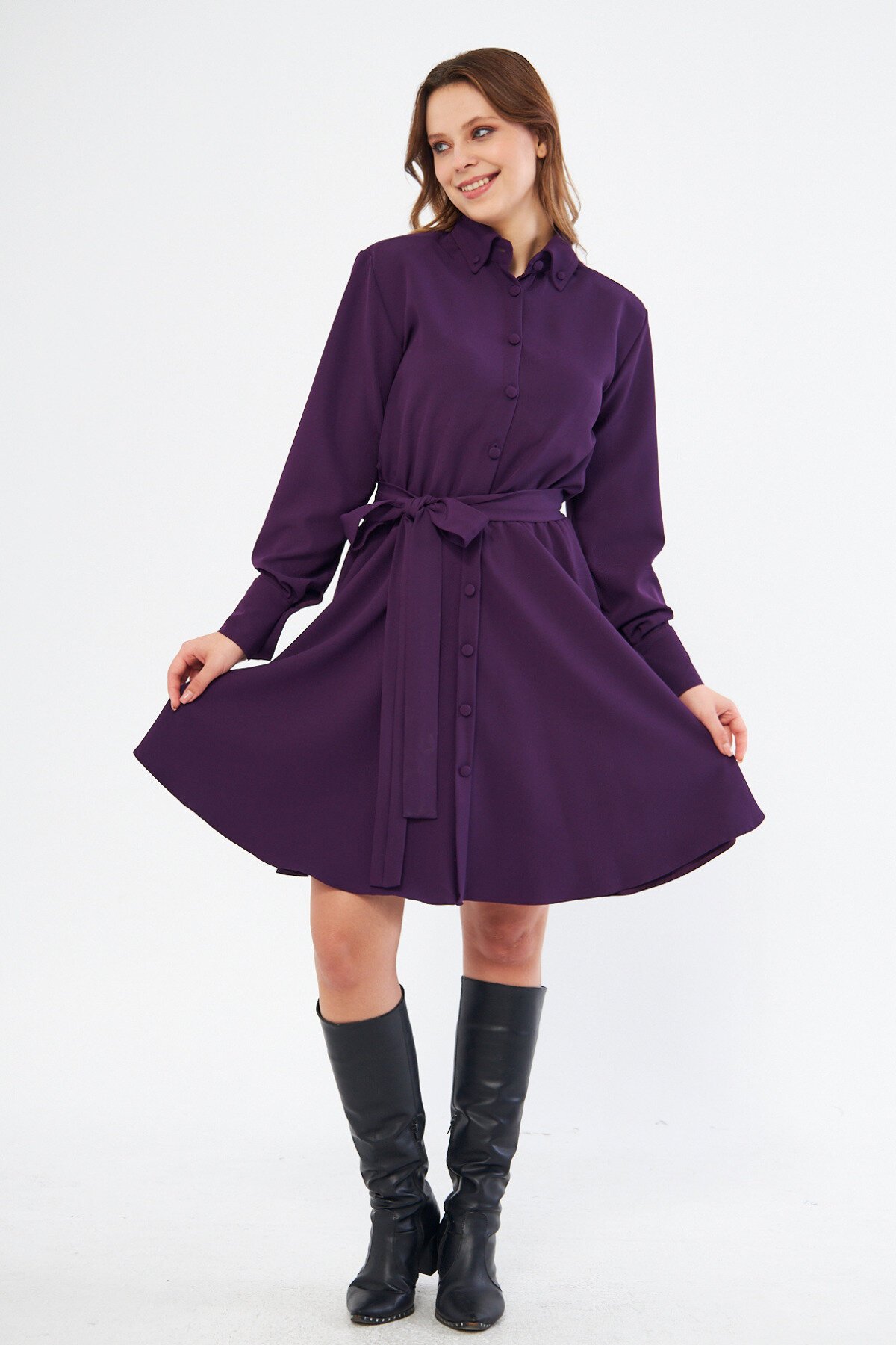 Mini Flowy Woven Long Sleeve Elastic Waist Belted Shirt Dress - Plum - Bidoluelbise