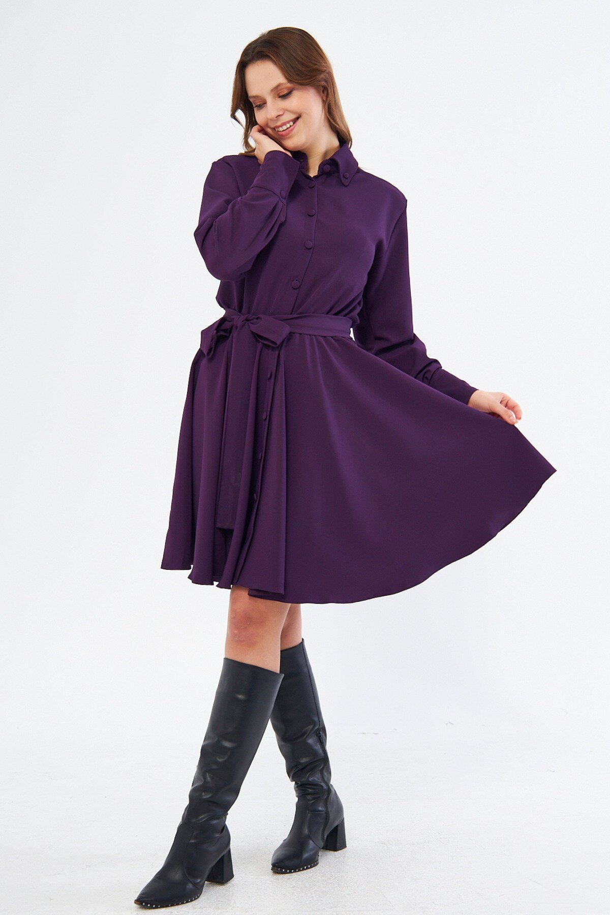 Mini Flowy Woven Long Sleeve Elastic Waist Belted Shirt Dress - Plum - Bidoluelbise