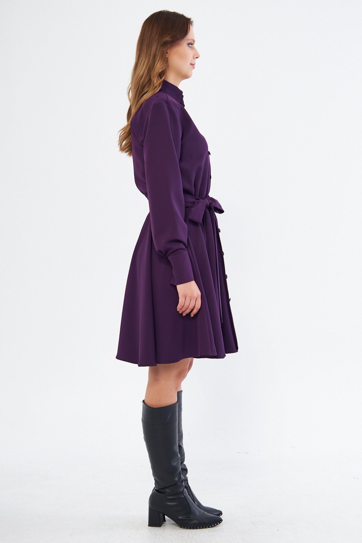 Mini Flowy Woven Long Sleeve Elastic Waist Belted Shirt Dress - Plum - Bidoluelbise