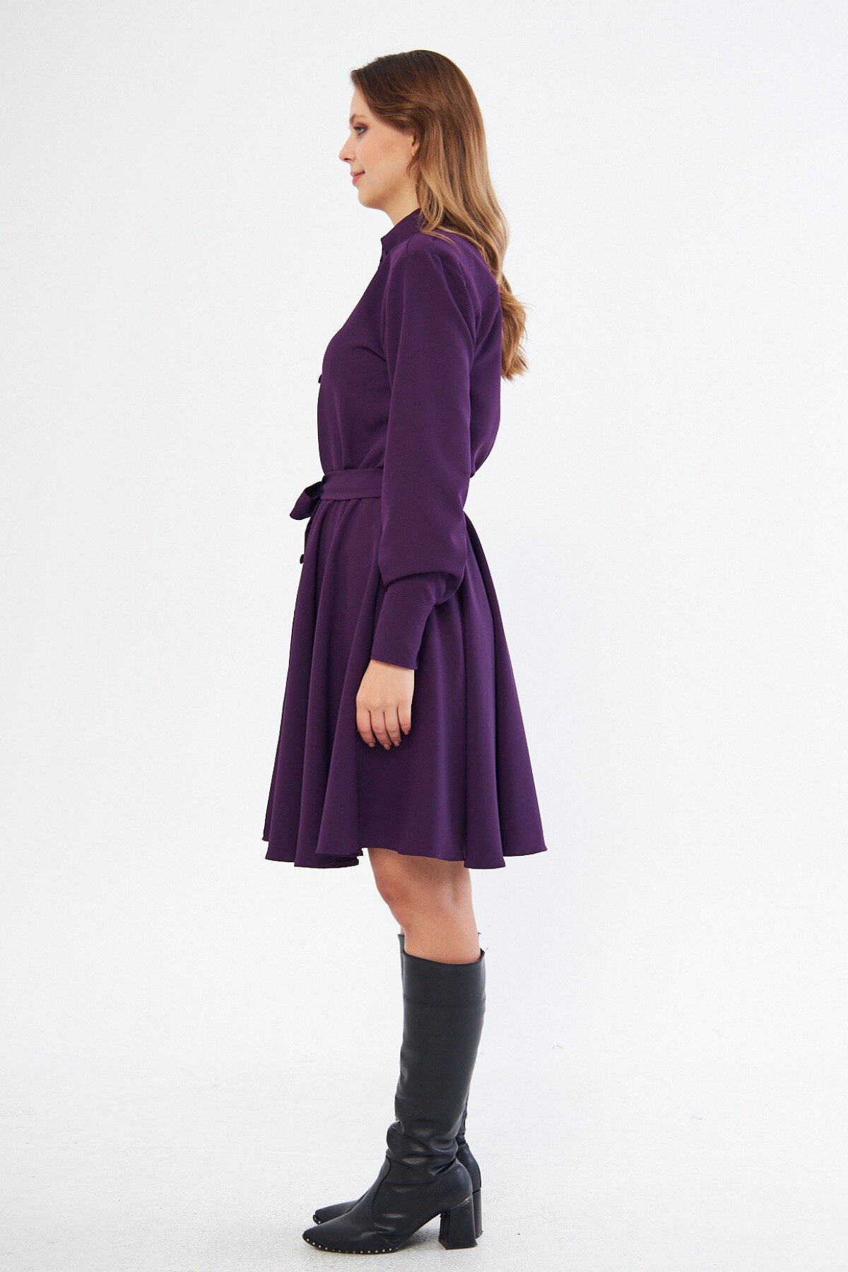 Mini Flowy Woven Long Sleeve Elastic Waist Belted Shirt Dress - Plum - Bidoluelbise