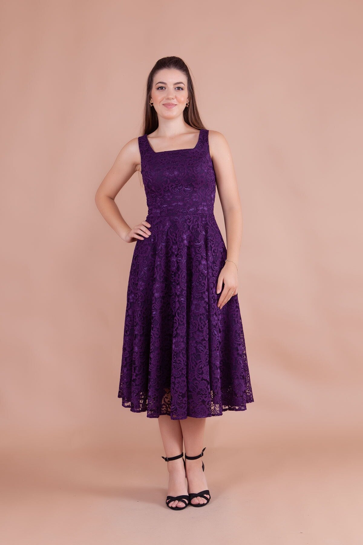 Midi French Lace Square Neck Thick Strap Evening Dress - Plum - Bidoluelbise