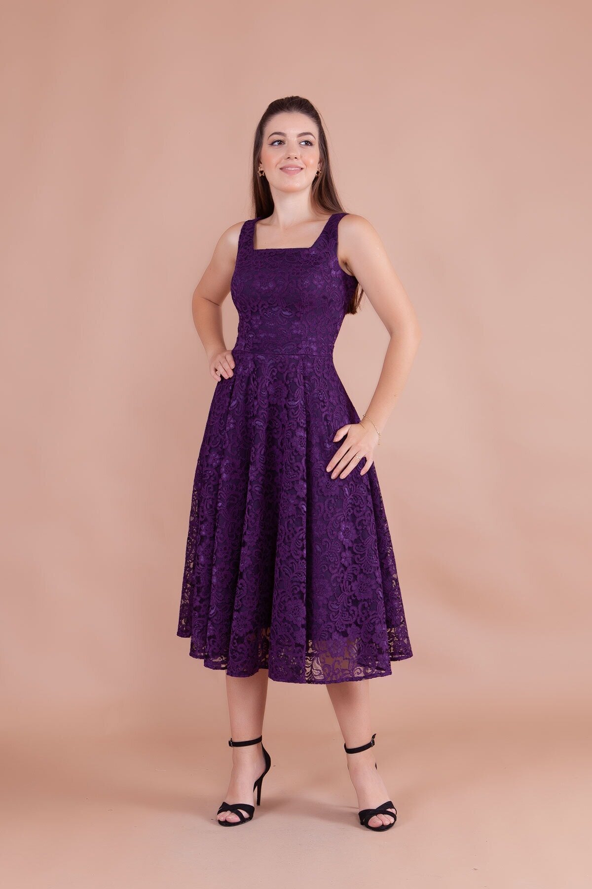 Midi French Lace Square Neck Thick Strap Evening Dress - Plum - Bidoluelbise