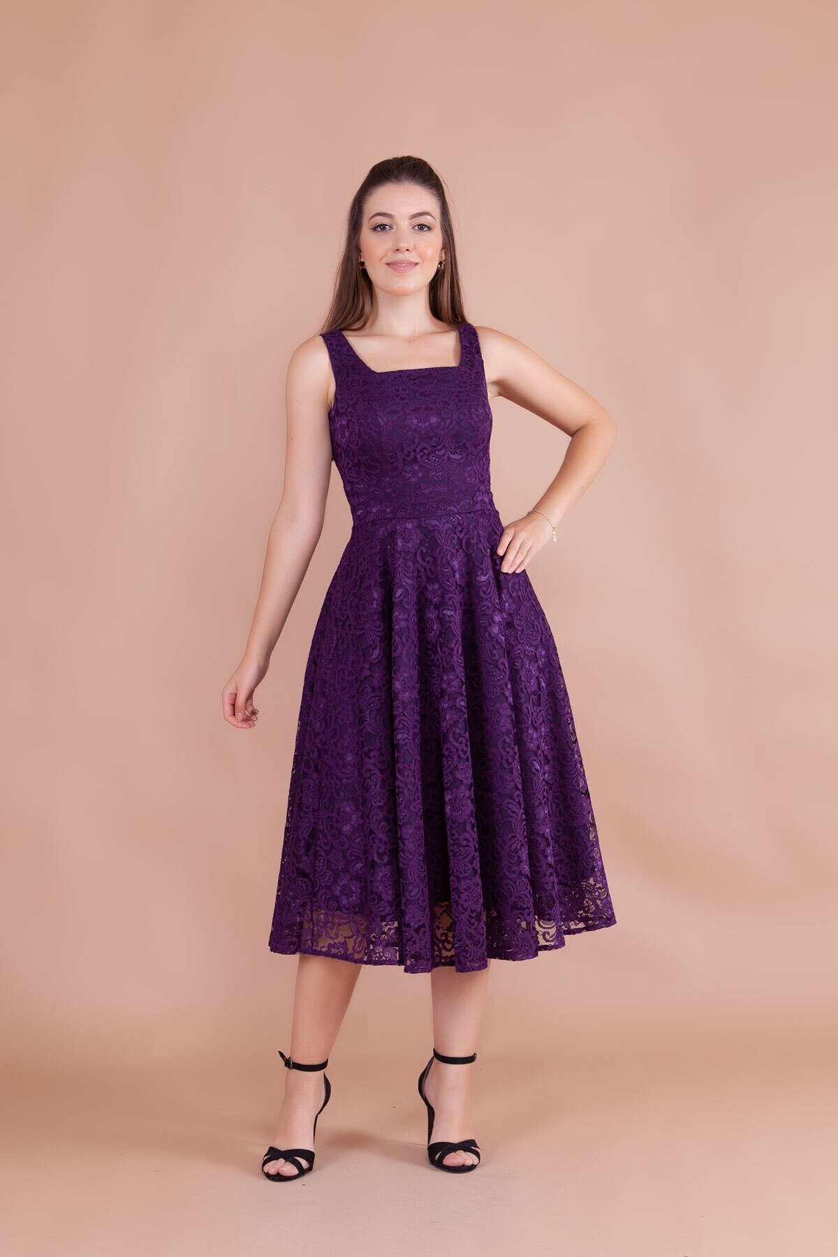 Midi French Lace Square Neck Thick Strap Evening Dress - Plum - Bidoluelbise