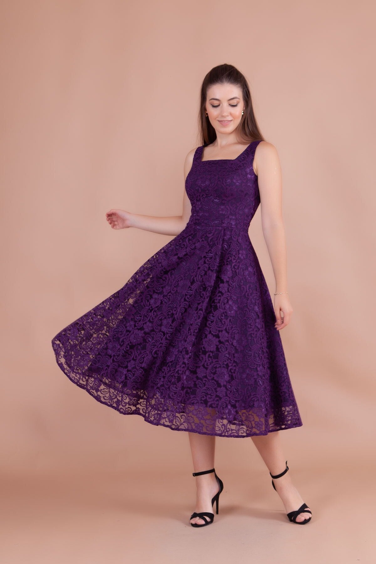 Midi French Lace Square Neck Thick Strap Evening Dress - Plum - Bidoluelbise