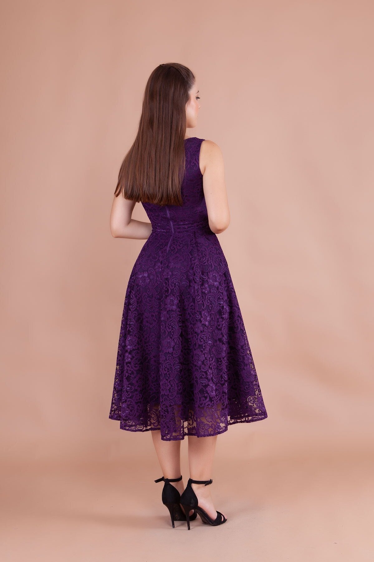 Midi French Lace Square Neck Thick Strap Evening Dress - Plum - Bidoluelbise