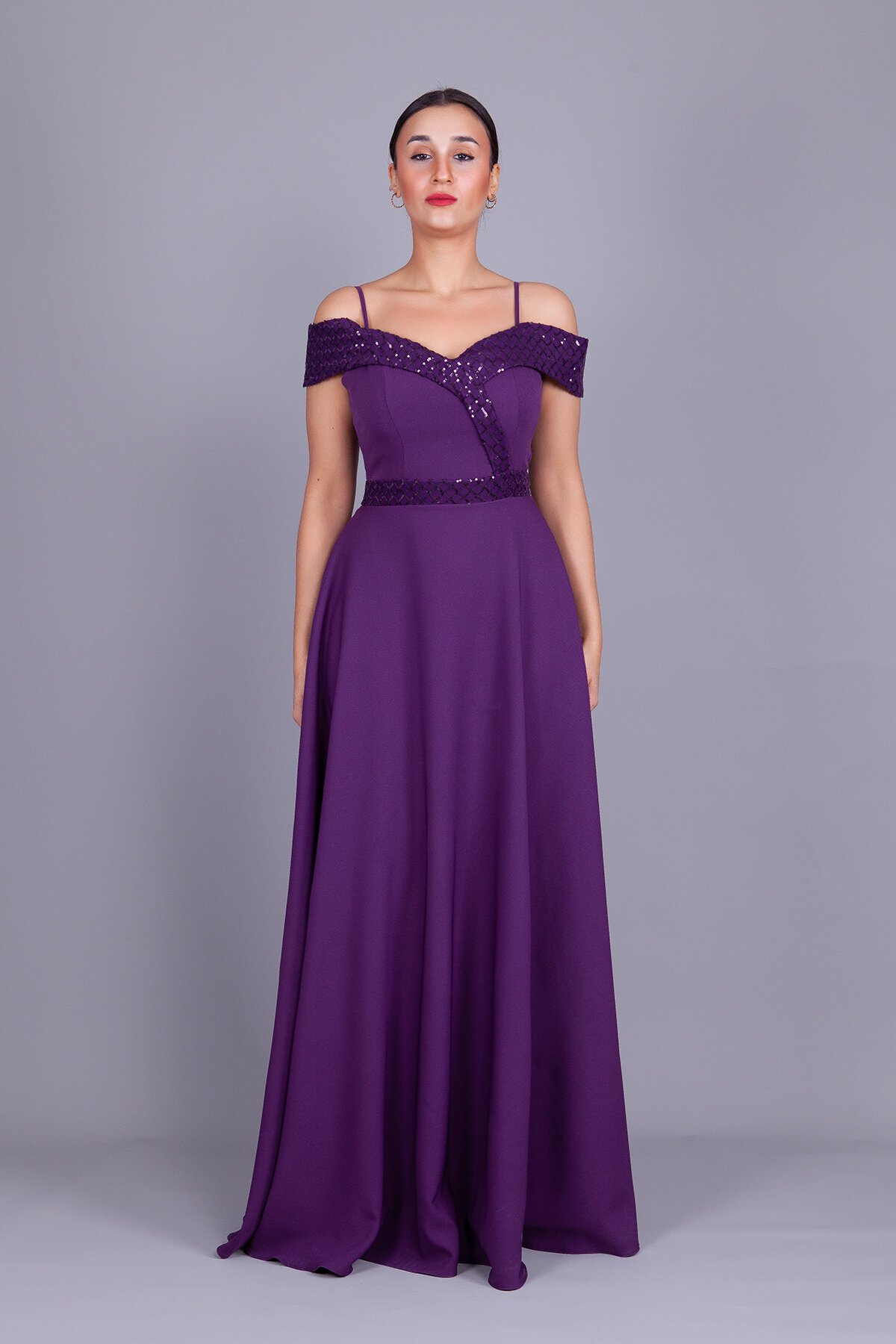 Long Flared Plaid Strappy Off-Shoulder Sequin Detail Evening Dress - Plum - Bidoluelbise