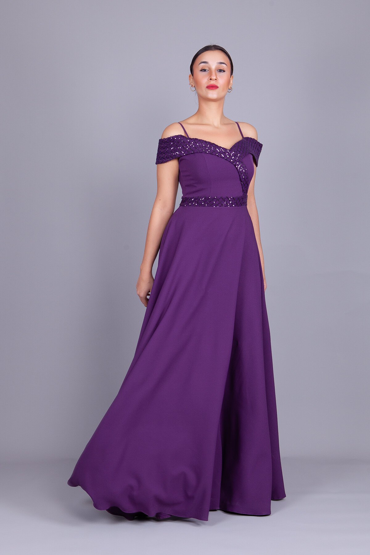 Long Flared Plaid Strappy Off-Shoulder Sequin Detail Evening Dress - Plum - Bidoluelbise