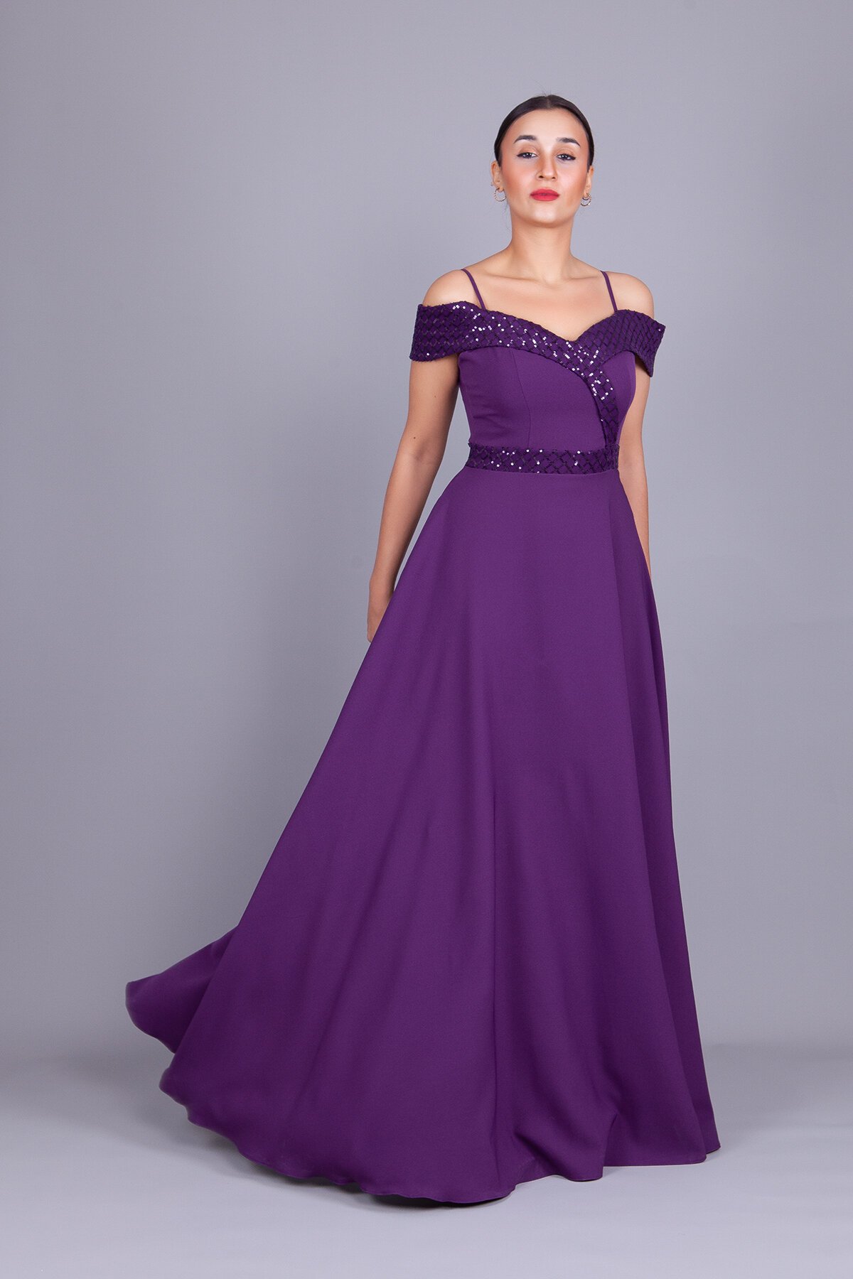 Long Flared Plaid Strappy Off-Shoulder Sequin Detail Evening Dress - Plum - Bidoluelbise