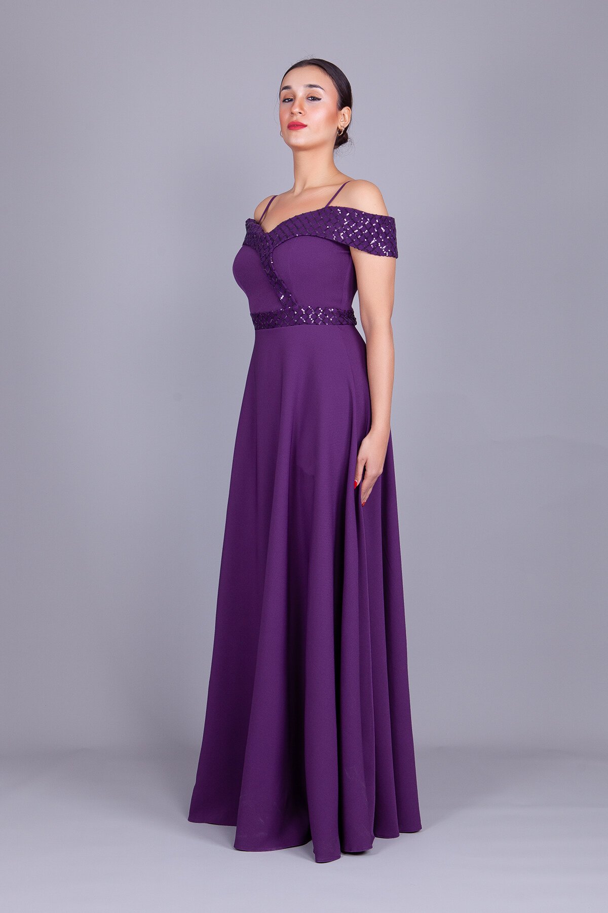 Long Flared Plaid Strappy Off-Shoulder Sequin Detail Evening Dress - Plum - Bidoluelbise