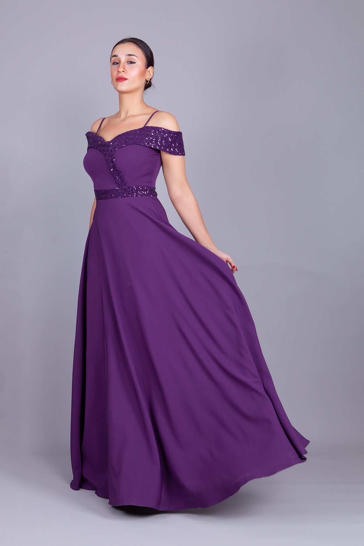 Long Flared Plaid Strappy Off-Shoulder Sequin Detail Evening Dress - Plum - Bidoluelbise
