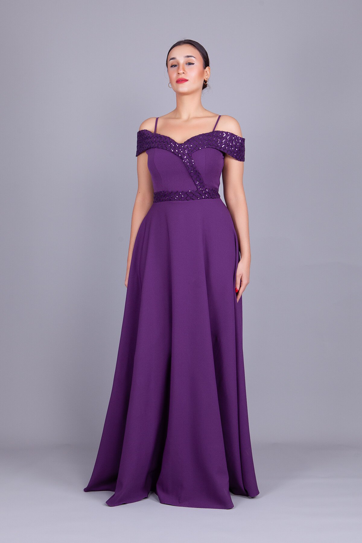 Long Flared Plaid Strappy Off-Shoulder Sequin Detail Evening Dress - Plum - Bidoluelbise