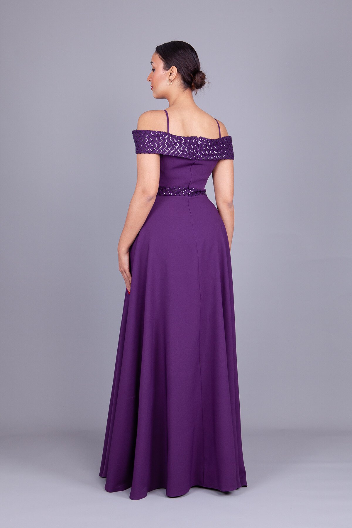 Long Flared Plaid Strappy Off-Shoulder Sequin Detail Evening Dress - Plum - Bidoluelbise
