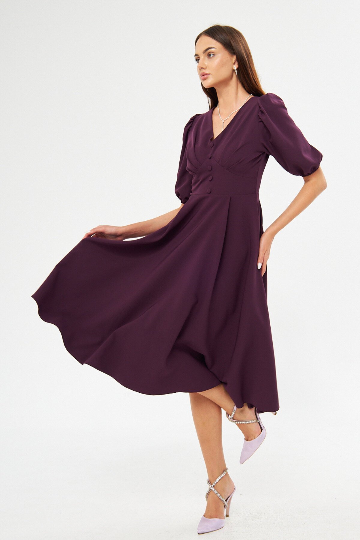 Midi Balloon Sleeve V-Neck Corset-Detail Evening Dress - Plum - Bidoluelbise