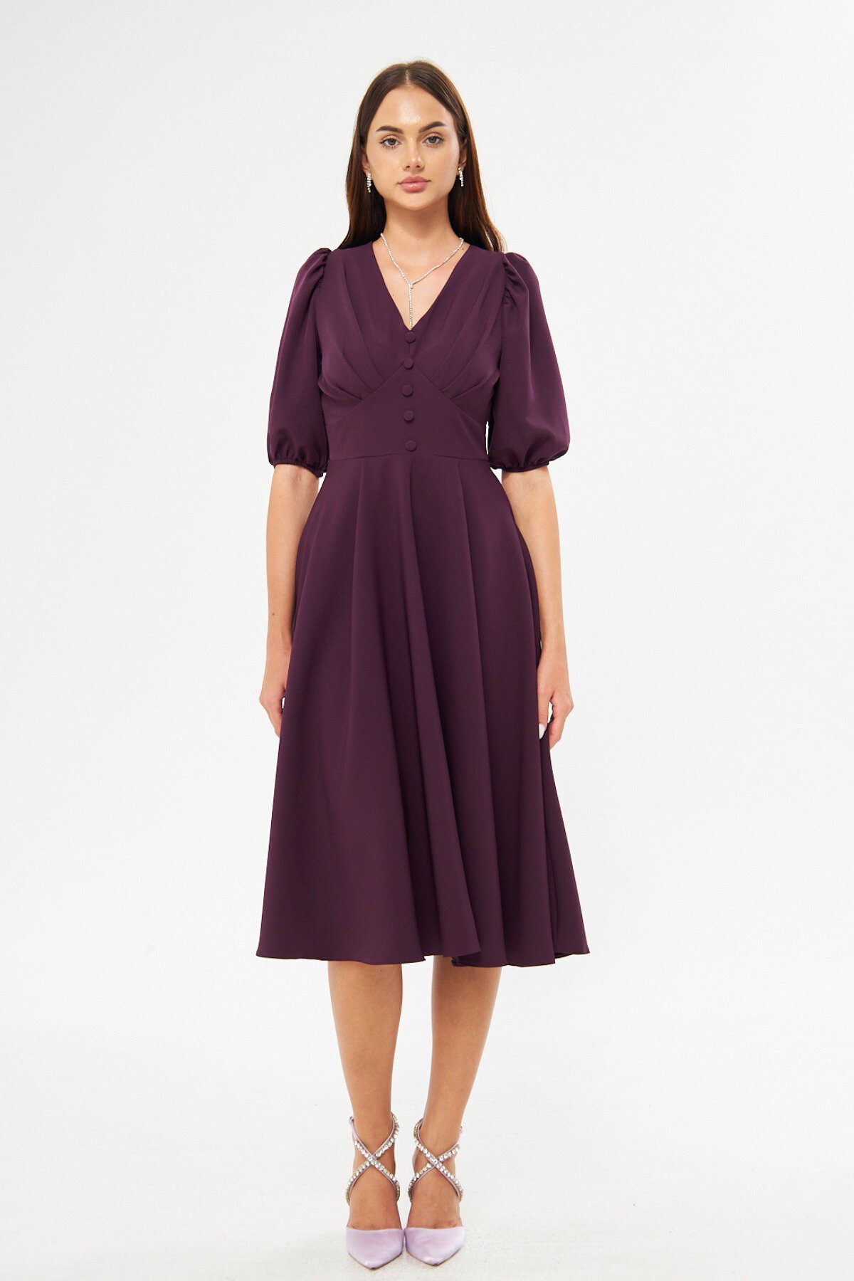 Midi Balloon Sleeve V-Neck Corset-Detail Evening Dress - Plum - Bidoluelbise