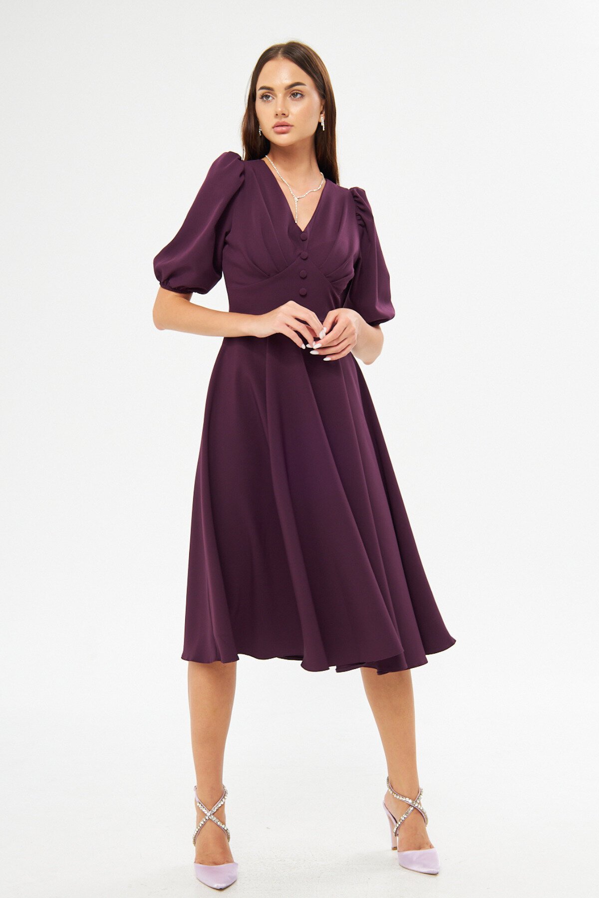 Midi Balloon Sleeve V-Neck Corset-Detail Evening Dress - Plum - Bidoluelbise