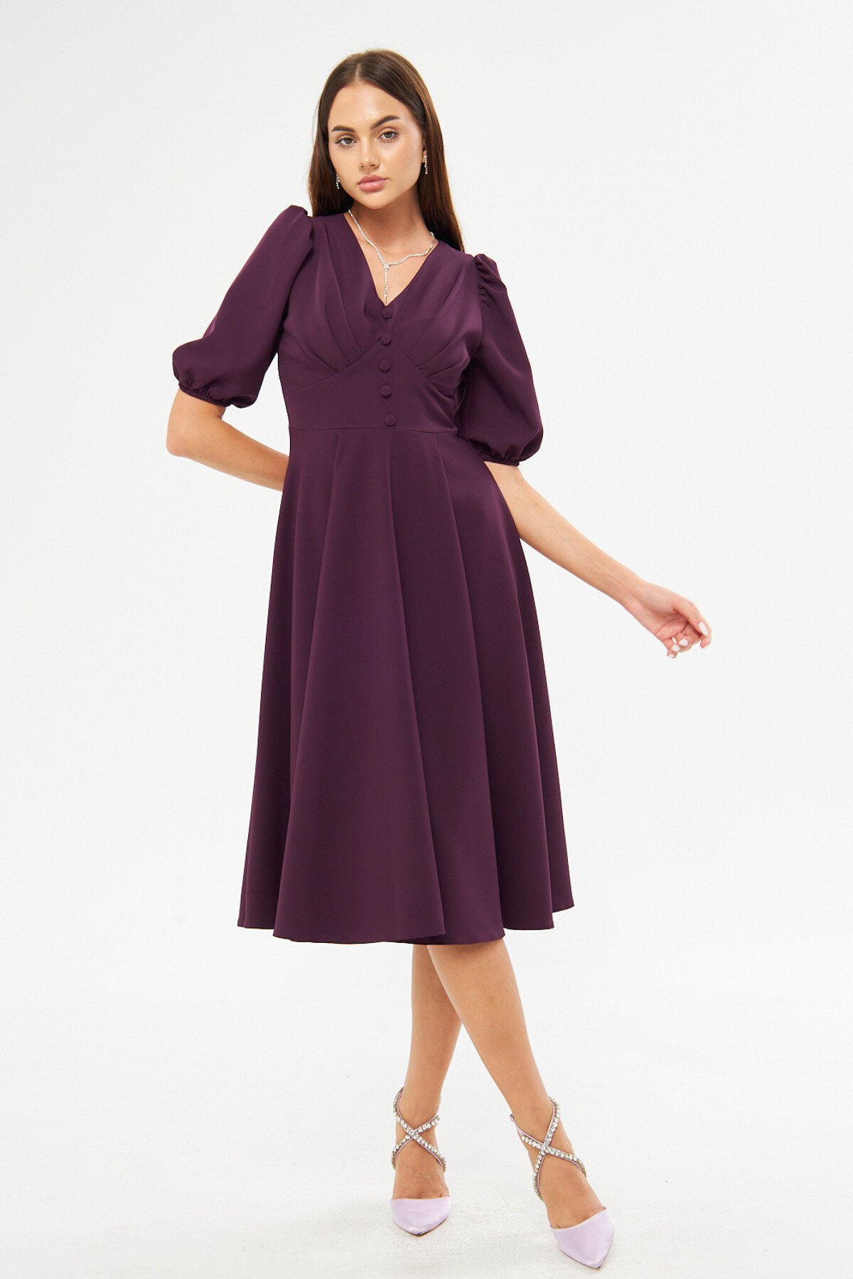 Midi Balloon Sleeve V-Neck Corset-Detail Evening Dress - Plum - Bidoluelbise