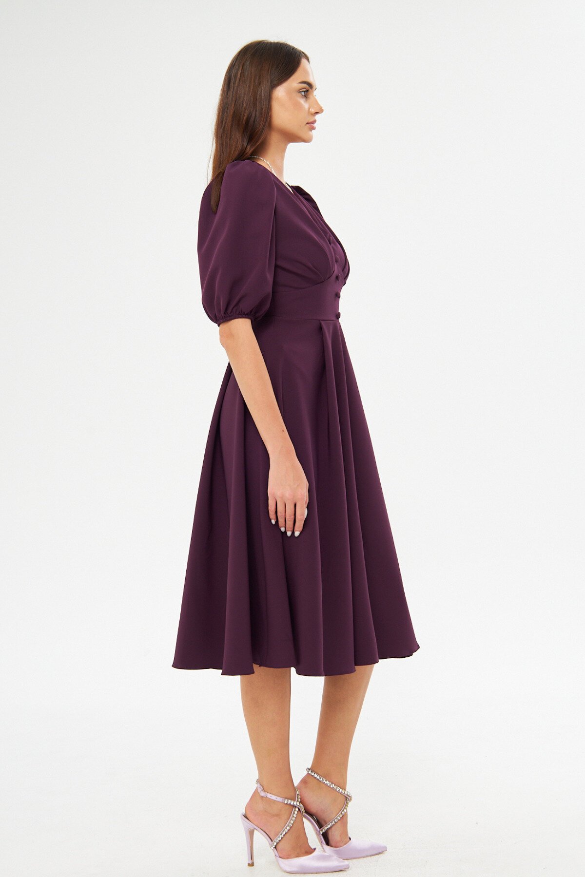 Midi Balloon Sleeve V-Neck Corset-Detail Evening Dress - Plum - Bidoluelbise