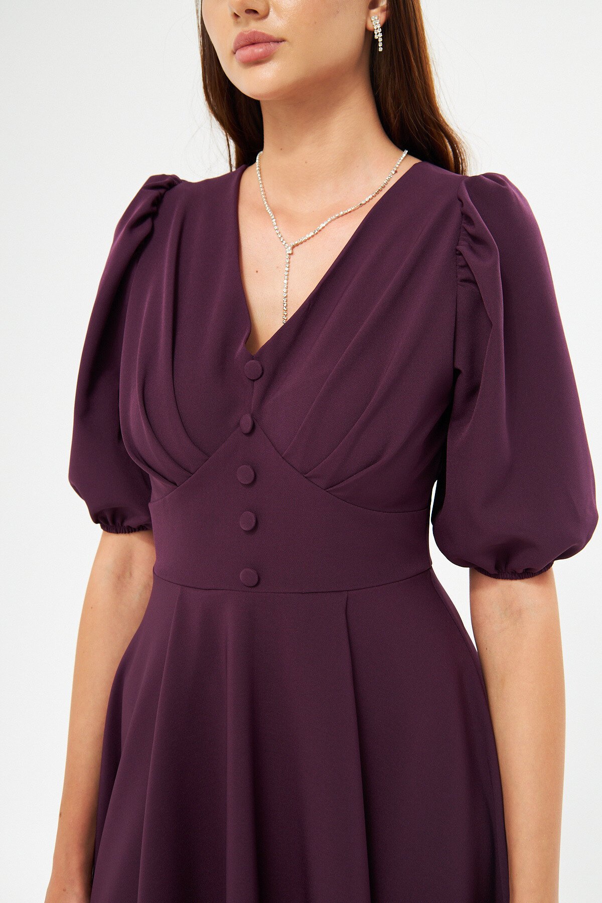 Midi Balloon Sleeve V-Neck Corset-Detail Evening Dress - Plum - Bidoluelbise