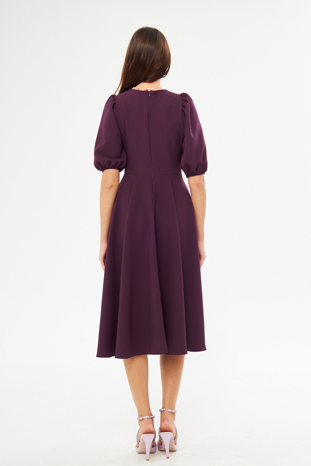 Midi Balloon Sleeve V-Neck Corset-Detail Evening Dress - Plum - Bidoluelbise