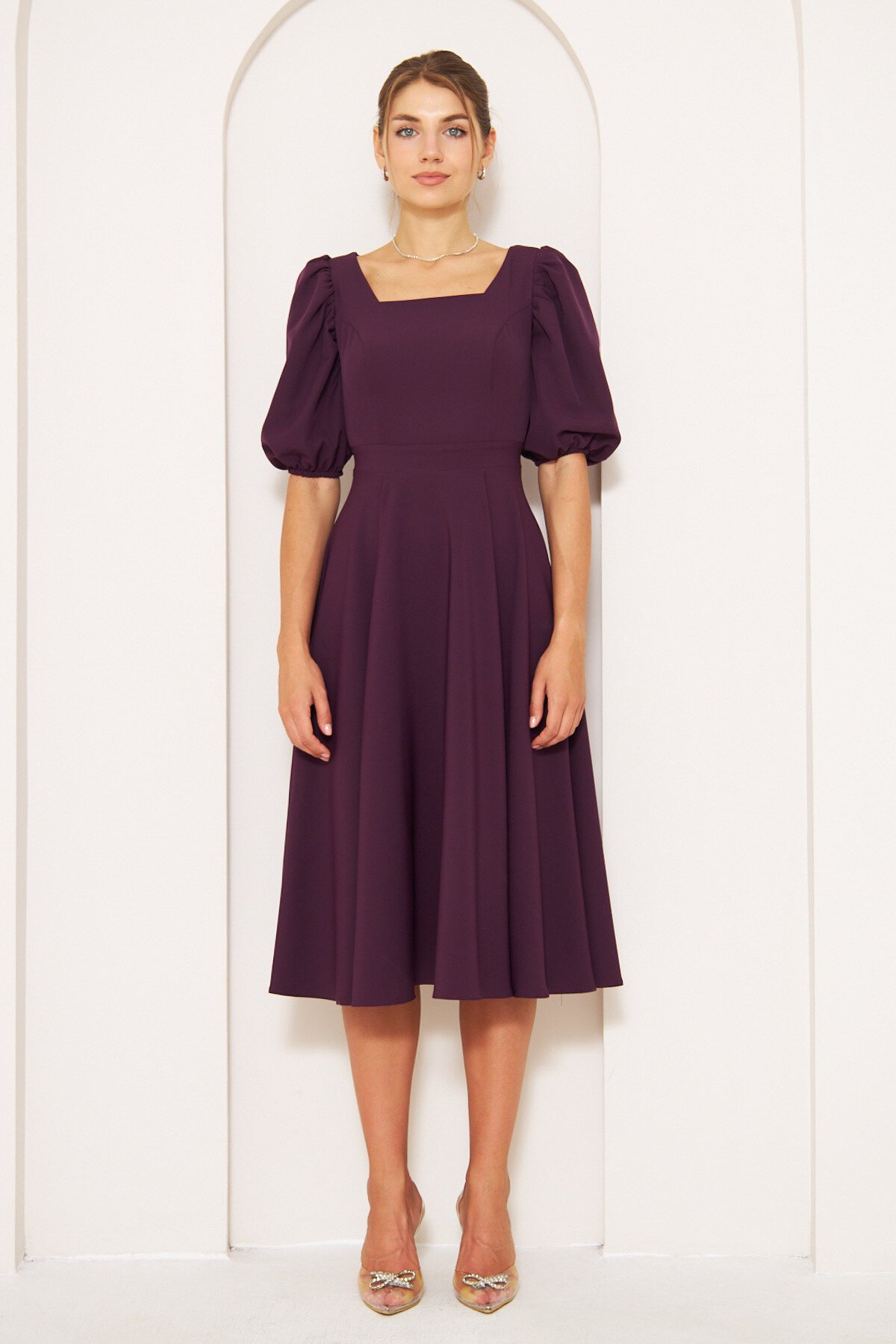 Midi Square Neck Balloon Sleeve Dress - Plum - Bidoluelbise