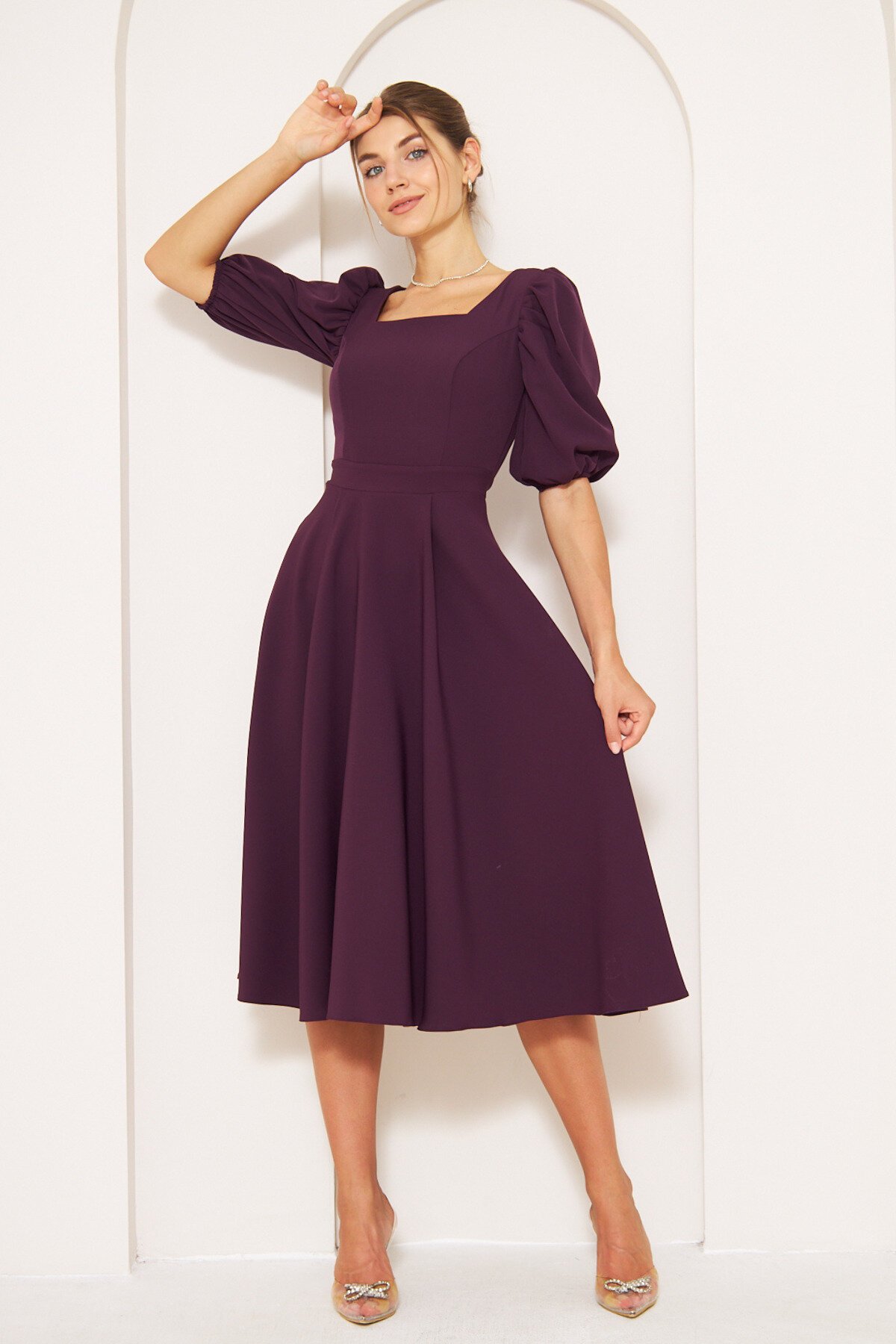 Midi Square Neck Balloon Sleeve Dress - Plum - Bidoluelbise