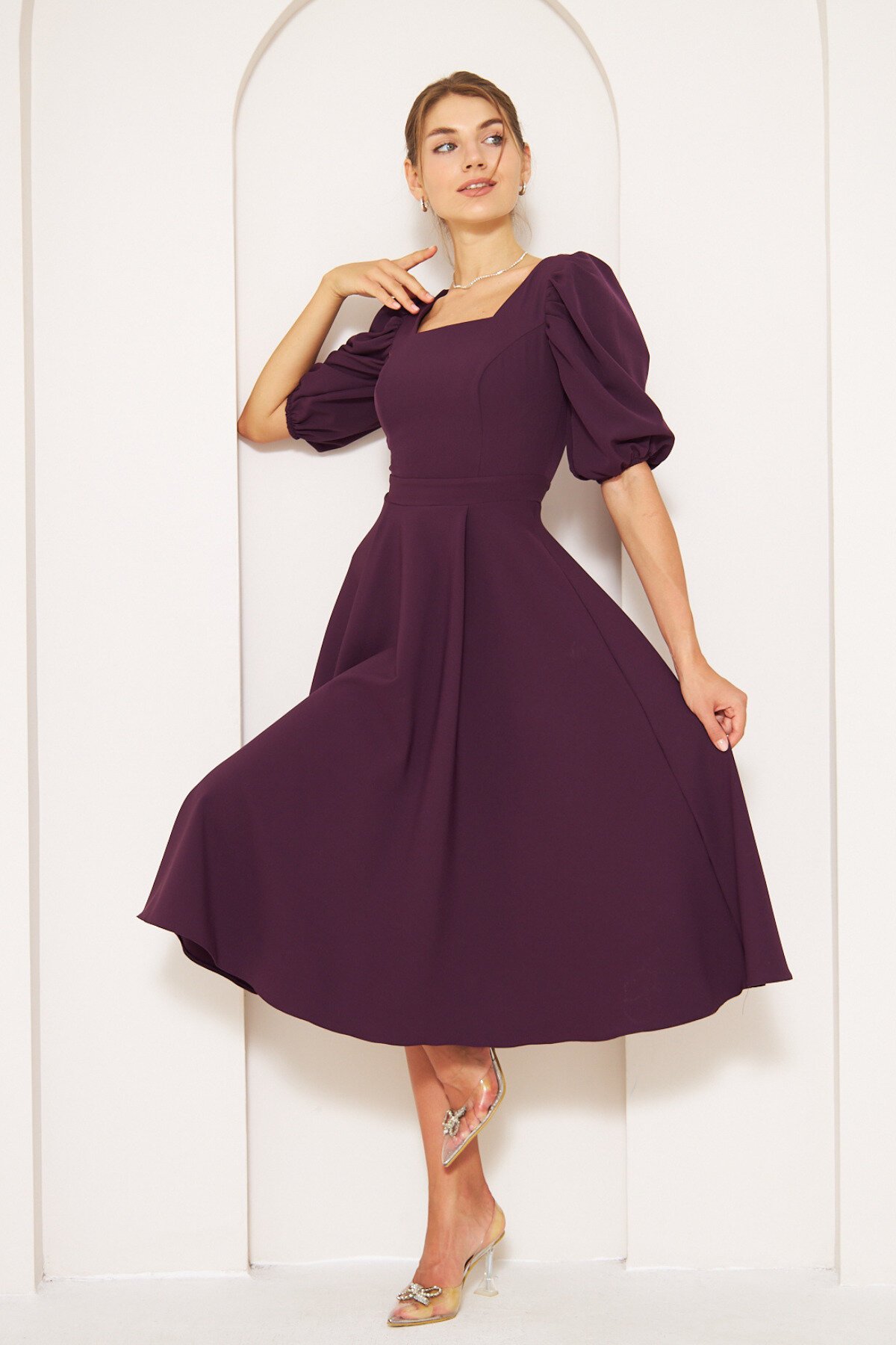 Midi Square Neck Balloon Sleeve Dress - Plum - Bidoluelbise