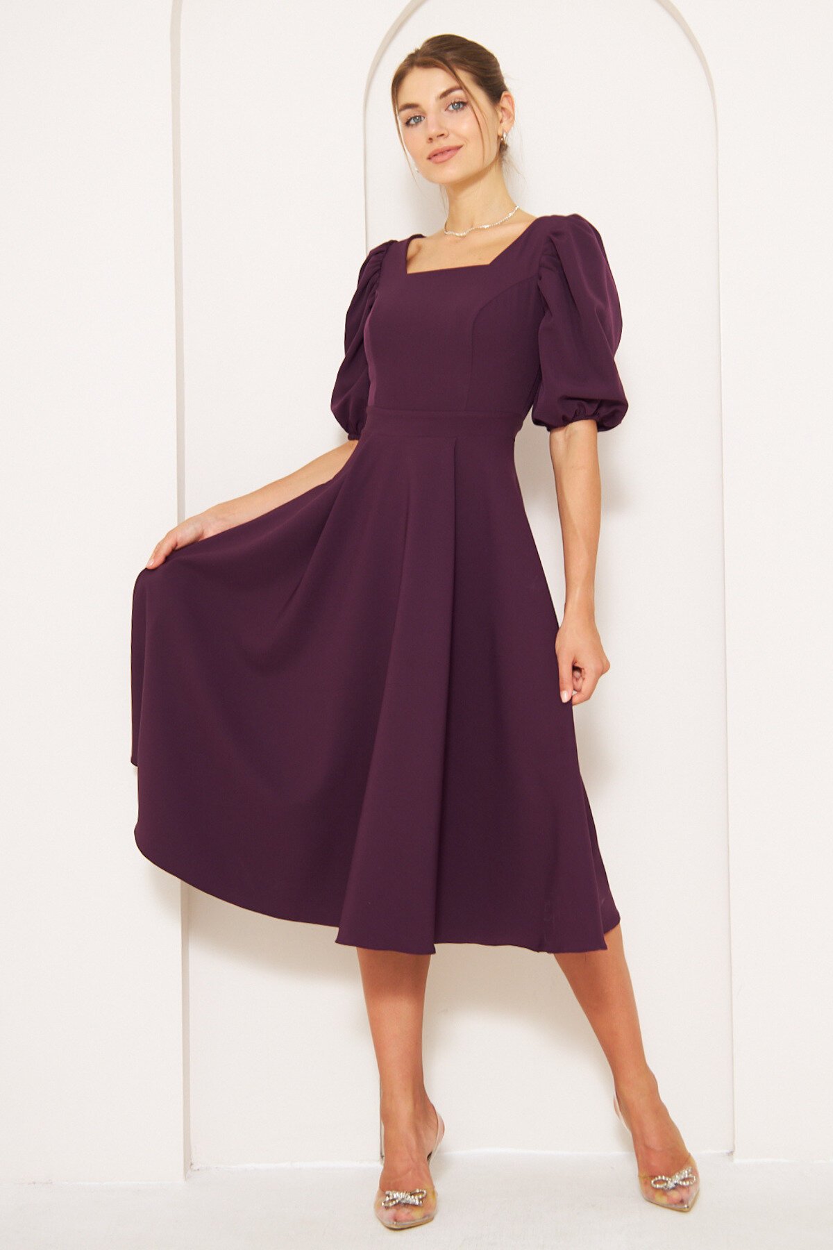 Midi Square Neck Balloon Sleeve Dress - Plum - Bidoluelbise