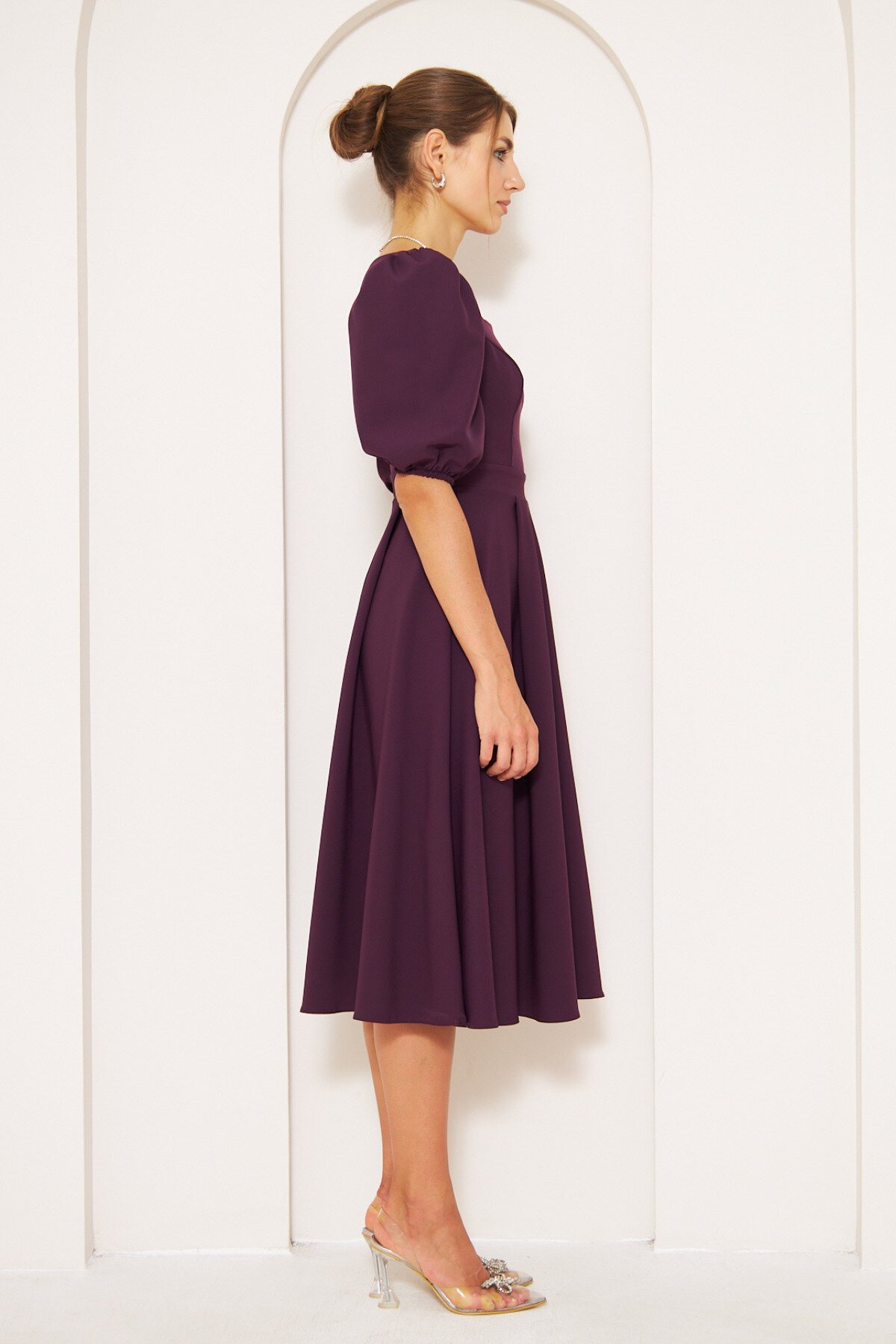 Midi Square Neck Balloon Sleeve Dress - Plum - Bidoluelbise