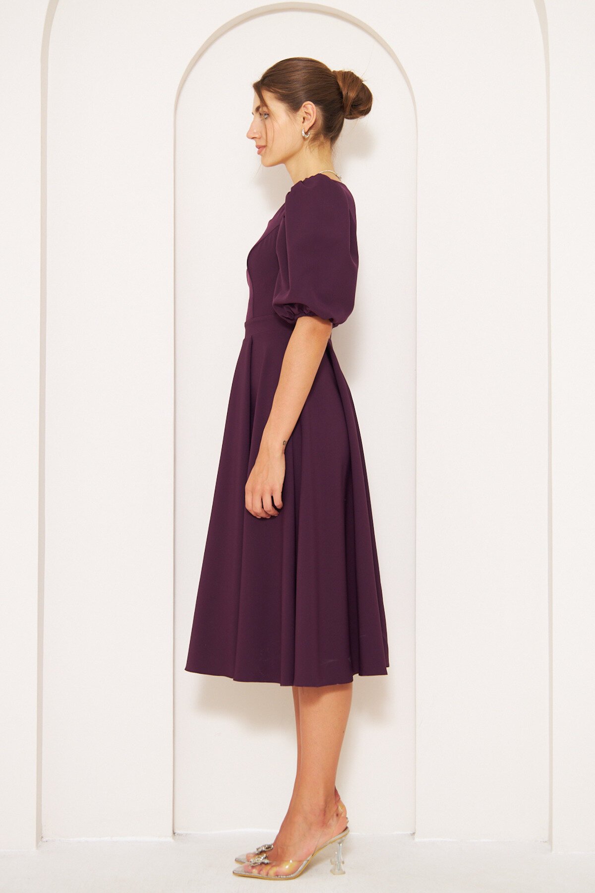Midi Square Neck Balloon Sleeve Dress - Plum - Bidoluelbise