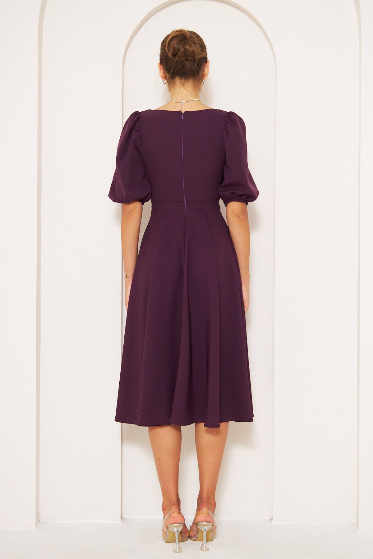 Midi Square Neck Balloon Sleeve Dress - Plum - Bidoluelbise