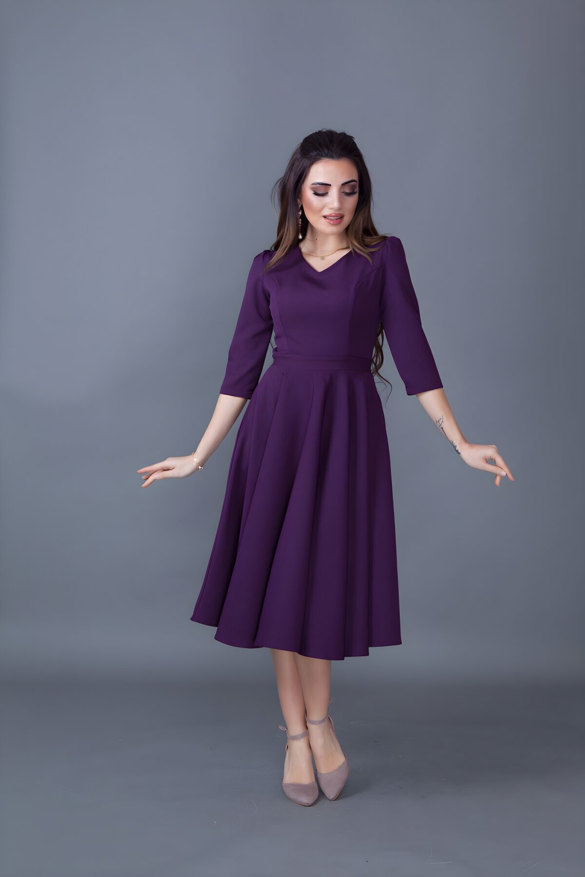 Mürdüm Midi V Yaka Cep Detaylı Elbise - Bidoluelbise