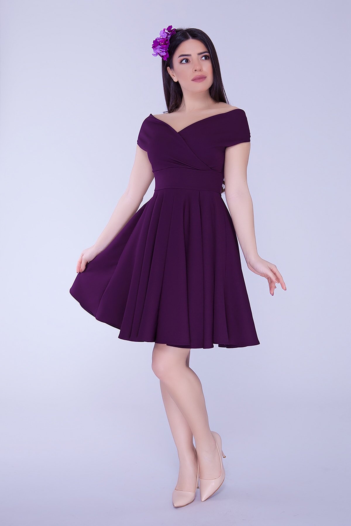 Mini Flared Flowy Pleated Woven Boat Neck Evening Dress - Damson - Bidoluelbise